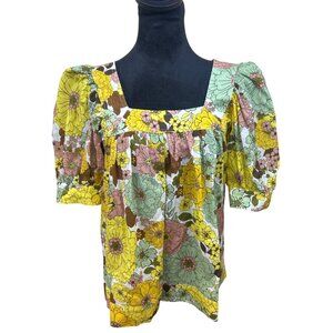 NWT Smythe Women's XS Retro 60's 70's Floral Blouse Top Puff Sleeve Square Neck